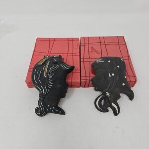 Lot of 2 Vintage L'Ancora Black Ceramic Girl Silhouette Wall Hangings Orig Boxes